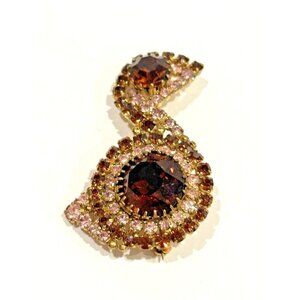 AUSTRIA VINTAGE BROWN PINK AMBER RHINESTONE Pin Brooch TREBLE CLEF DUCK ABSTRACT